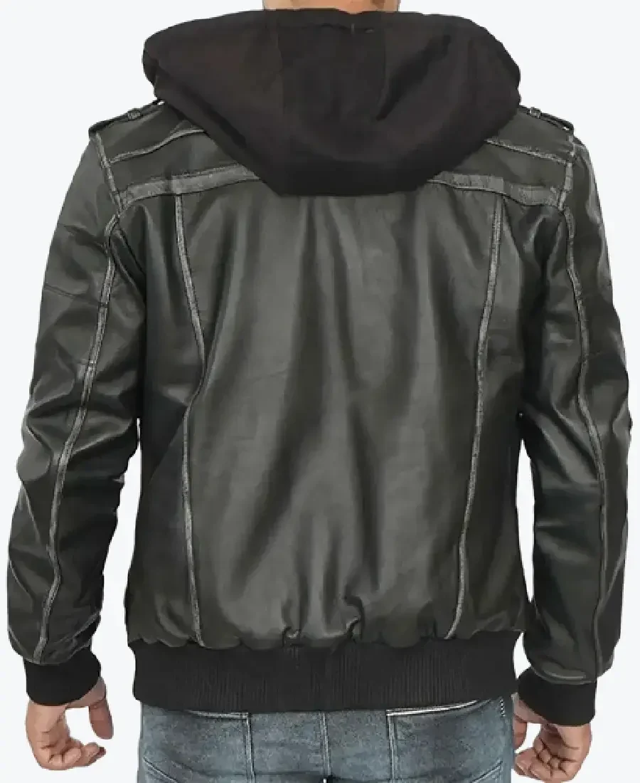 Banson Men’s Black Hooded Bomber Leather Jacket Back - Rare Jackets