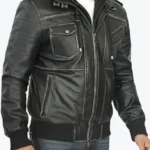 Banson Men’s Black Hooded Bomber Leather Jacket Front - Rare Jackets