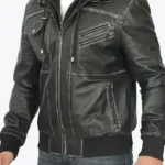 Banson Men’s Black Hooded Bomber Leather Jacket Side - Rare Jackets