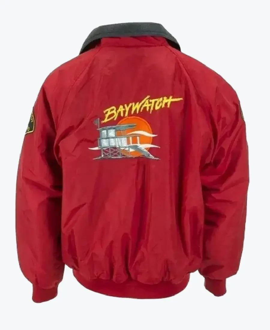 Baywatch Bomber Jacket _ Red Cotton Unisex Jacket Back - Rare Jackets