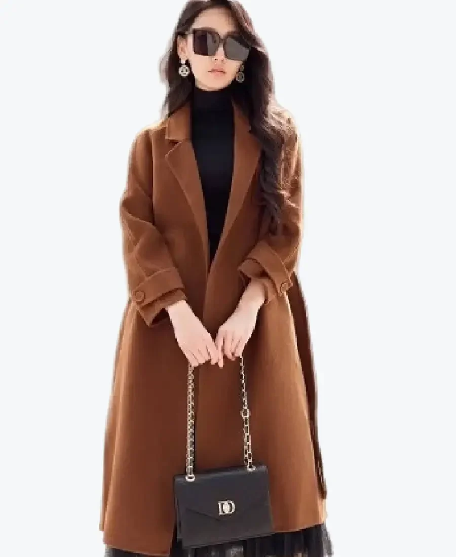 Brwon Lapel Neck Long Coat Front - Rare Jackets