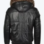 Carter Mens Black Bomber Fur Hooded Leather Jacket Back - Rare Jackets