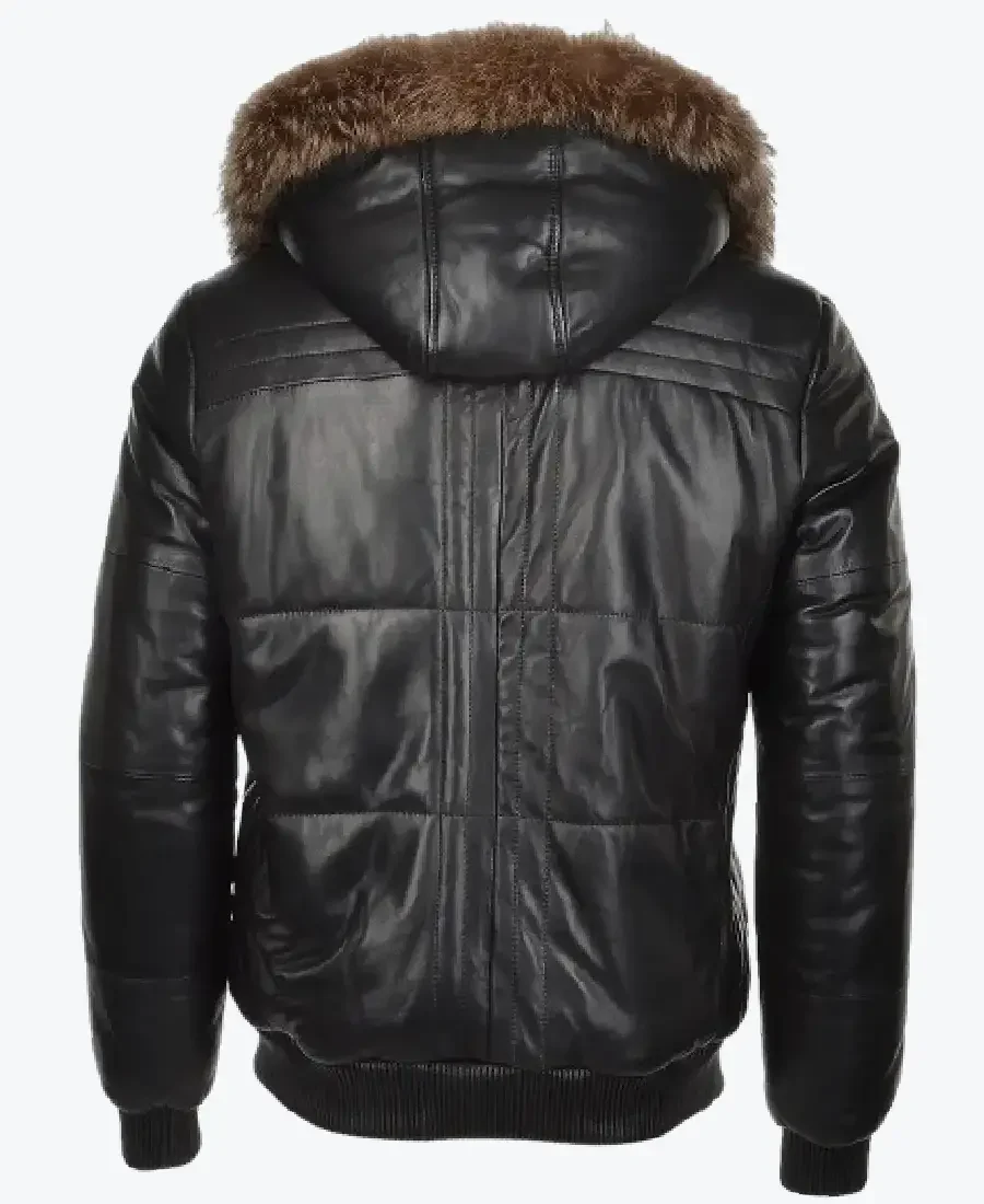 Carter Mens Black Bomber Fur Hooded Leather Jacket Back - Rare Jackets