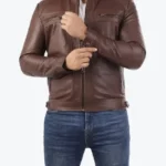 Casual Brown Signature Diamond Lambskin Leather Jacket Front - Rare Jackets
