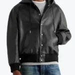 Men Blouson Black Hooded Leather Jacket Front - Rare Jackets