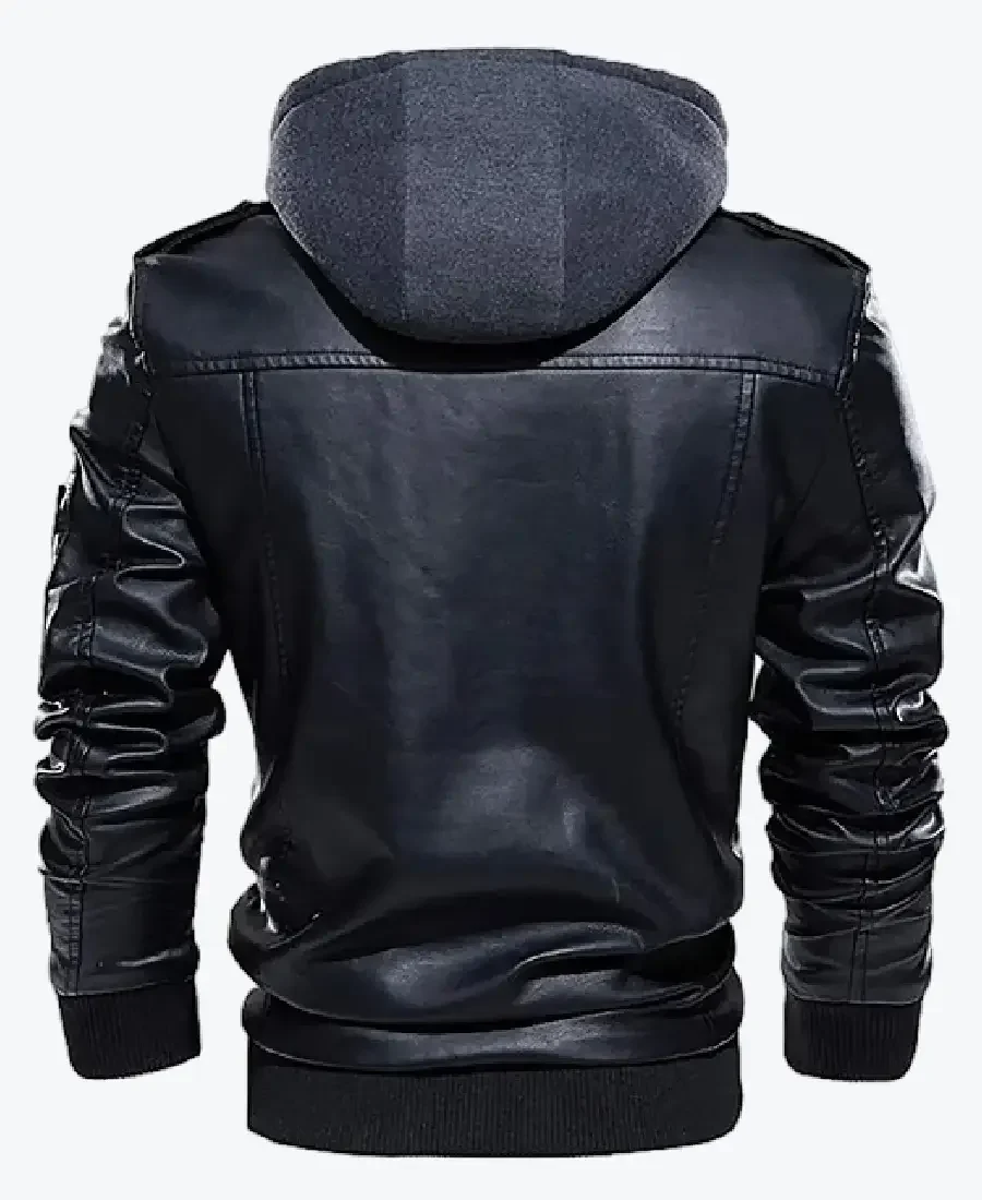 Chris Men’s Black Hooded Bomber Leather Jacket Back - Rare Jackets
