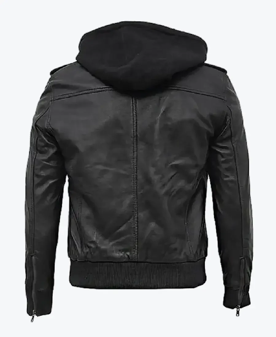 Craig Men’s Black Hooded Bomber Leather Jacket Back - Rare Jackets
