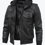 Craig Men’s Black Hooded Bomber Leather Jacket Front - Rare Jackets