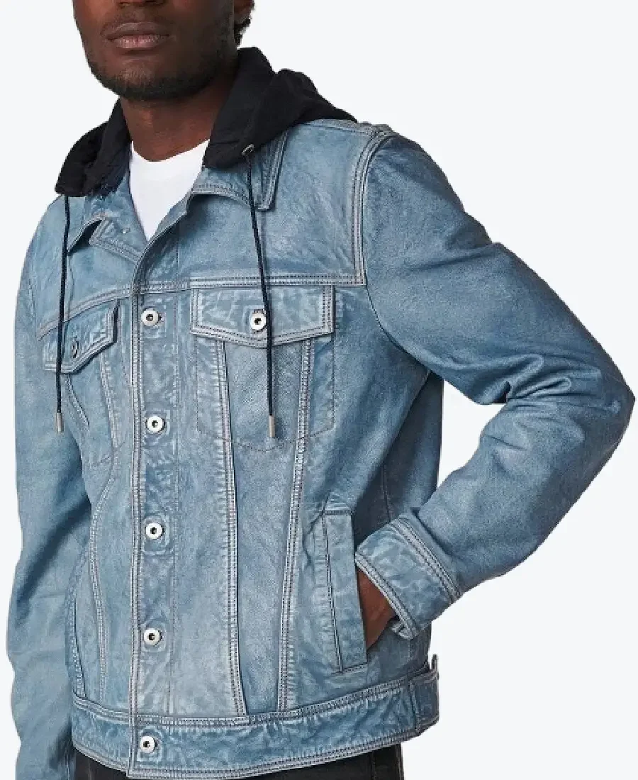 Crew Denim Leather Jacket With Hood Side - Rare Jackets