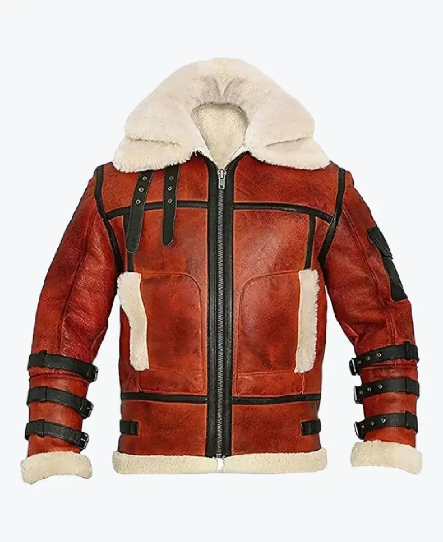 Double Collar B-3 Shearling Red Leather Aviator Jacket