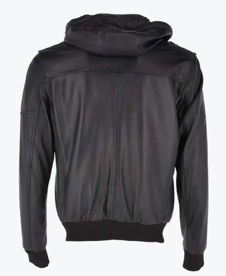 Eddison Mens Black Bomber Hooded Leather Jacket Back - Rare Jackets