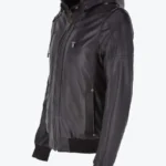 Eddison Mens Black Bomber Hooded Leather Jacket Front Side - Rare Jackets