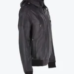 Eddison Mens Black Bomber Hooded Leather Jacket Side - Rare Jackets