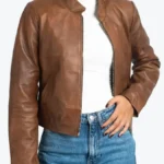 Evelyn Women’s Brown Distressed Leather Jacket Front - Rare Jackets