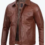Fernando Men’s Harrington Brown Leather Trucker Jacket Front - Rare Jackets