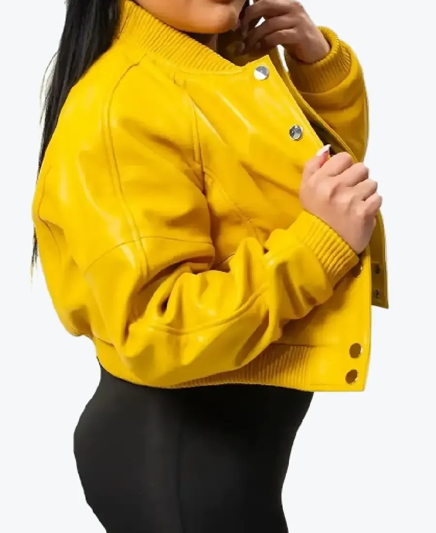 Gina Women’s Yellow Leather Varsity Jacket Side - Rare Jackets