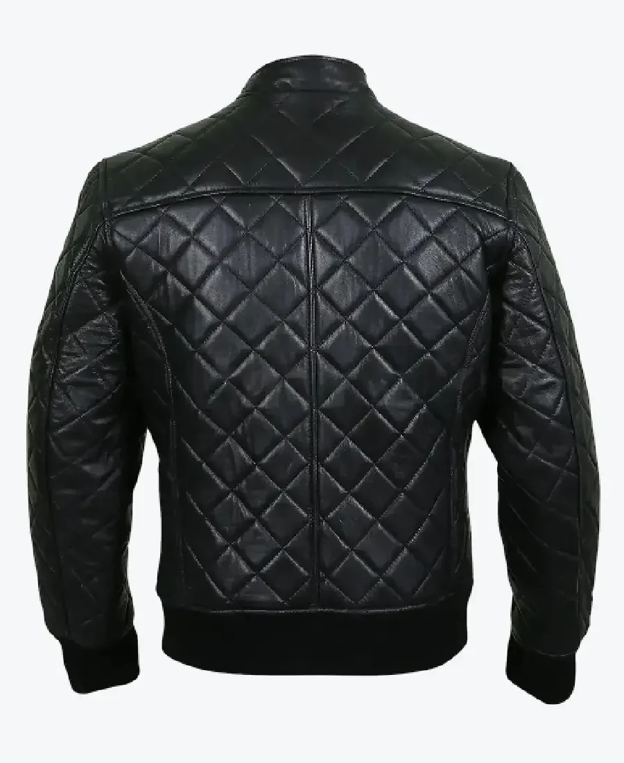 Harrison Mens Black Bomber Quilted Leather Jacket Back - Rare Jackets