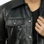 Holland Black Trucker Leather Jacket Collar