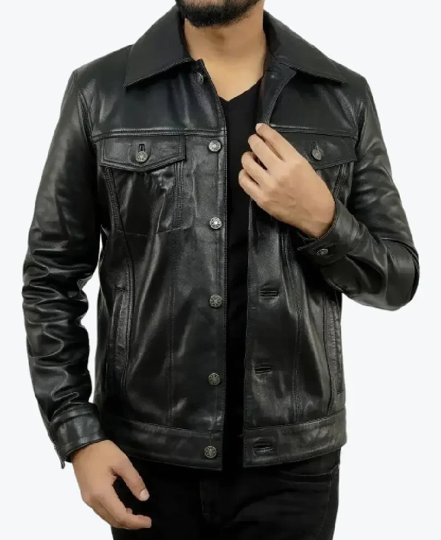 Holland Black Trucker Leather Jacket