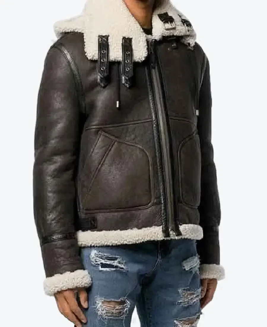 Howell Mens Charcoal Grey Shearling Hooded Jacket Rare Jacket