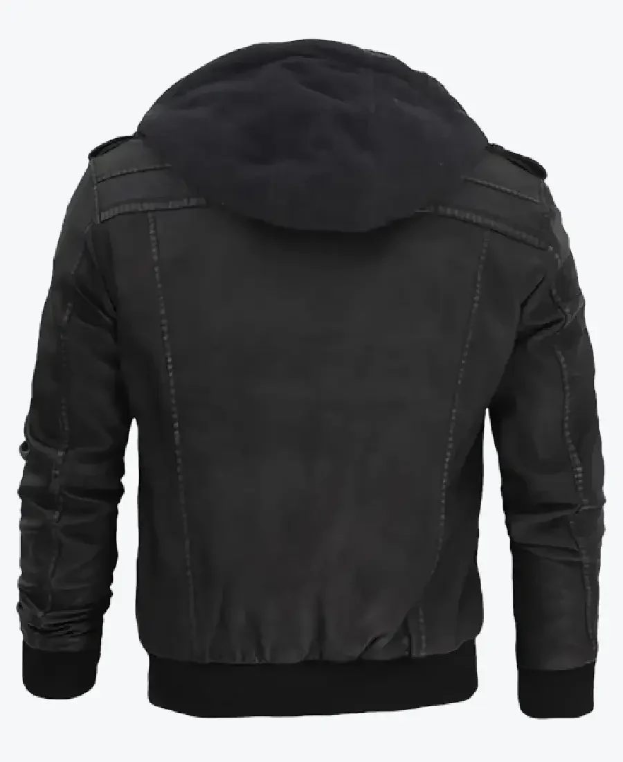Jacey Men’s Black Hooded Bomber Leather Jacket Back - Rare Jackets