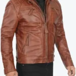 Mens Quilted Brown Hooded Leather Jacket