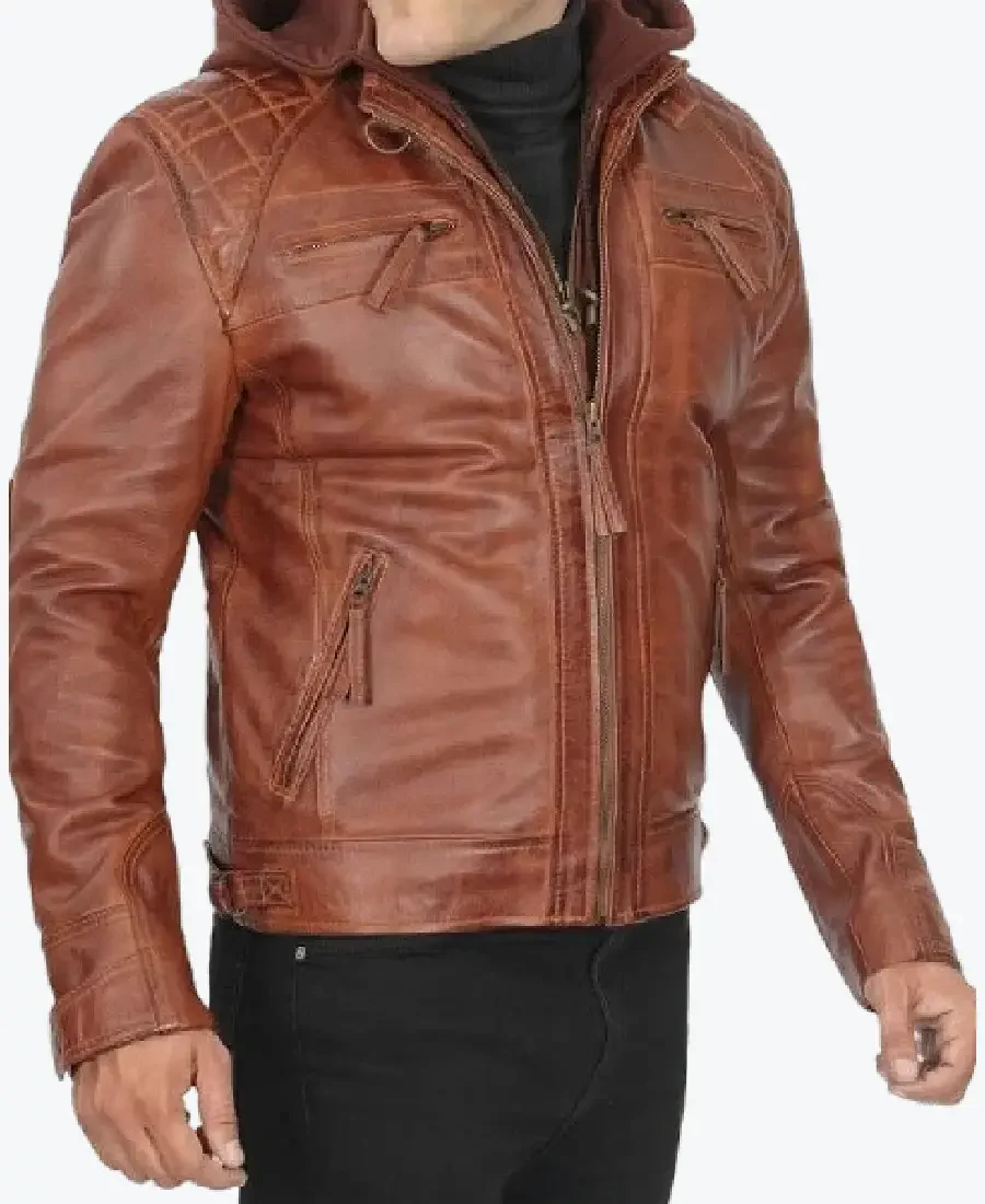 Mens Quilted Brown Hooded Leather Jacket