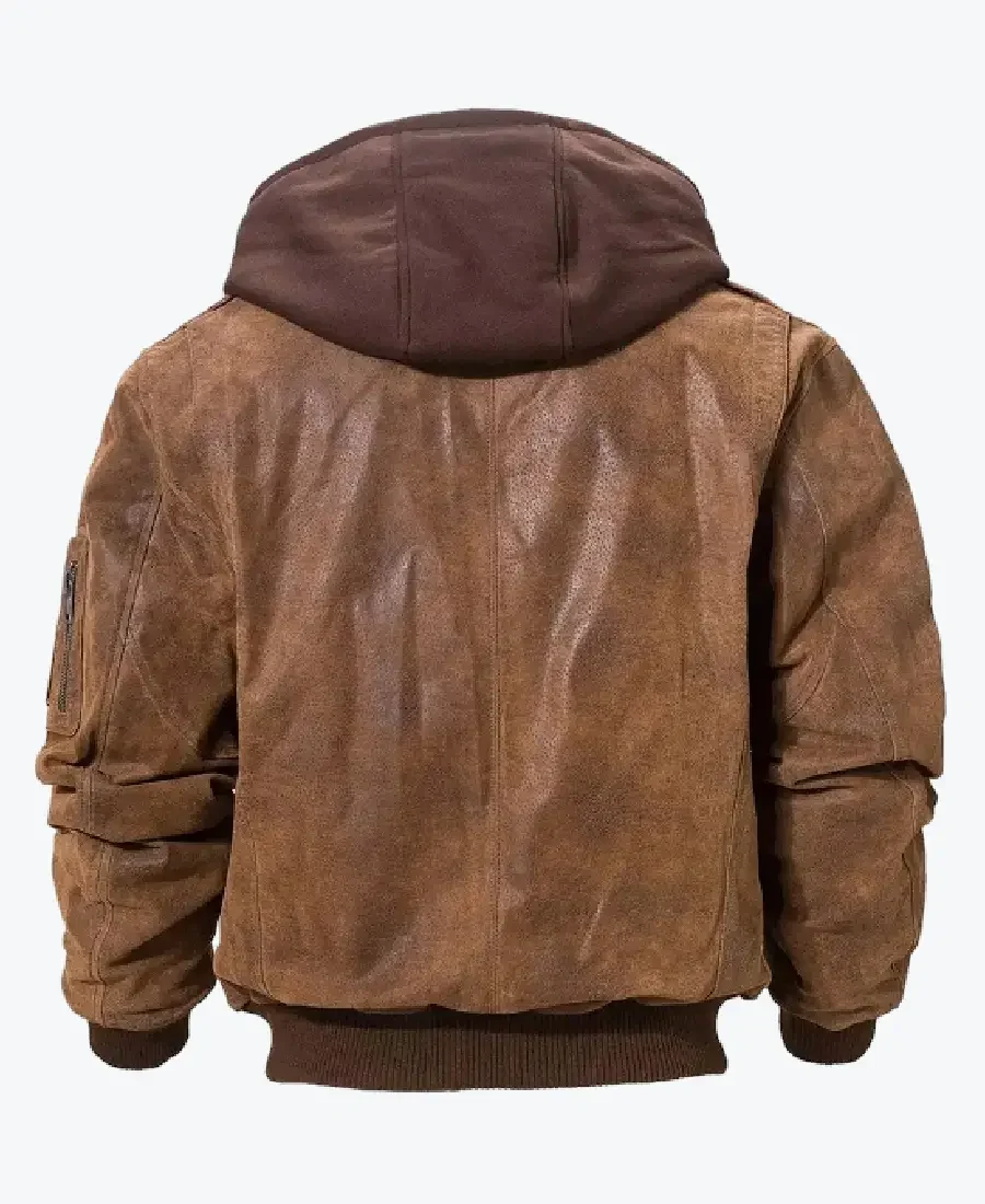 Keller Mens Brown Bomber Hooded Leather Jacket Back - Rare Jackets