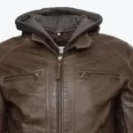 Lamb Skin Hooded Brown Genuine Leather Jacket Collar
