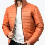 Men’s Brown Puffer Leather Jacket Front - Rare Jackets