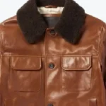 Men's Brown Shearling Trimmed Leather Jacket Collar - Rare Jackets