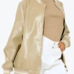 Women’s Beige Leather Varsity Jacket - Rare Jacket