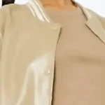 Women’s Beige Leather Varsity Jacket Collar - Rare Jacket