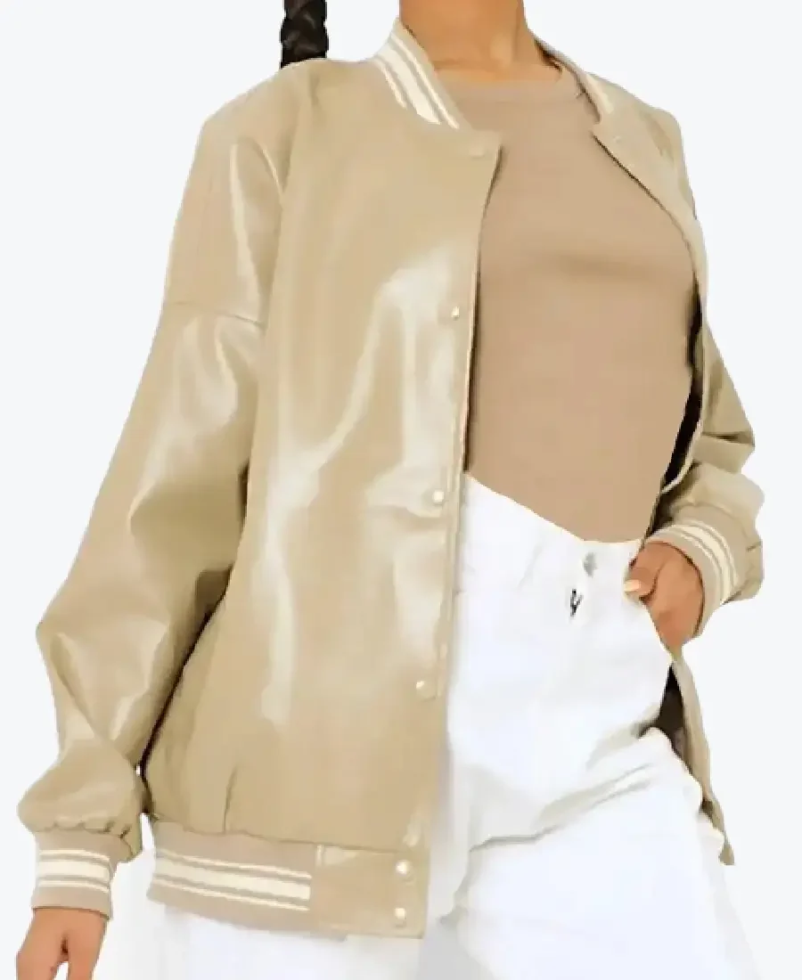 Women’s Beige Leather Varsity Jacket - Rare Jacket
