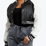 Louisse Women’s Black and White Leather Varsity Jacket Front - Rare Jackets