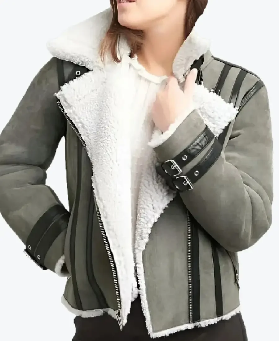 Maggie Women’s Grey B-3 Bomber Suede Jacket Front