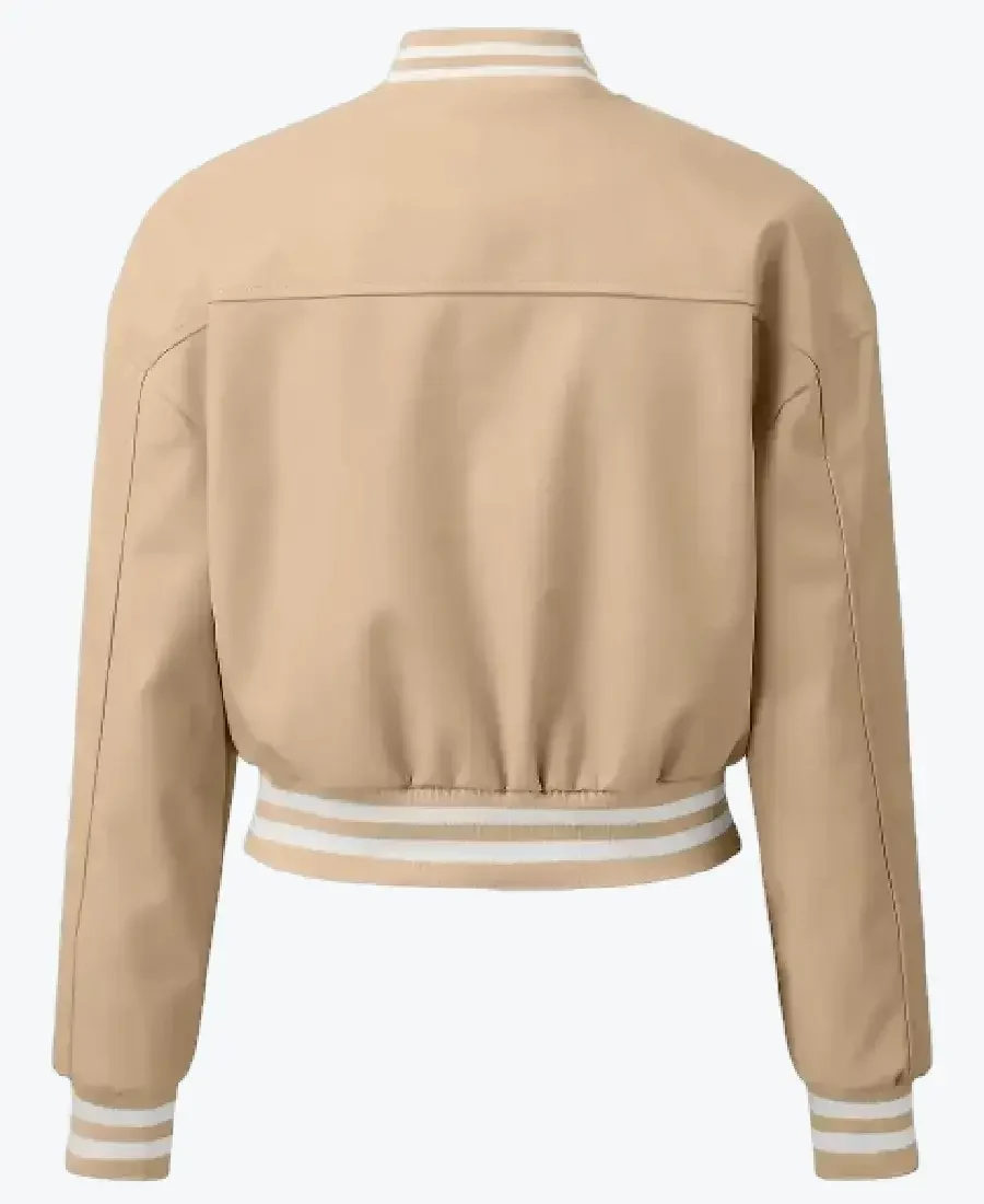 Mary Women’s Beige Leather Varsity Jacket Back - Rare Jackets