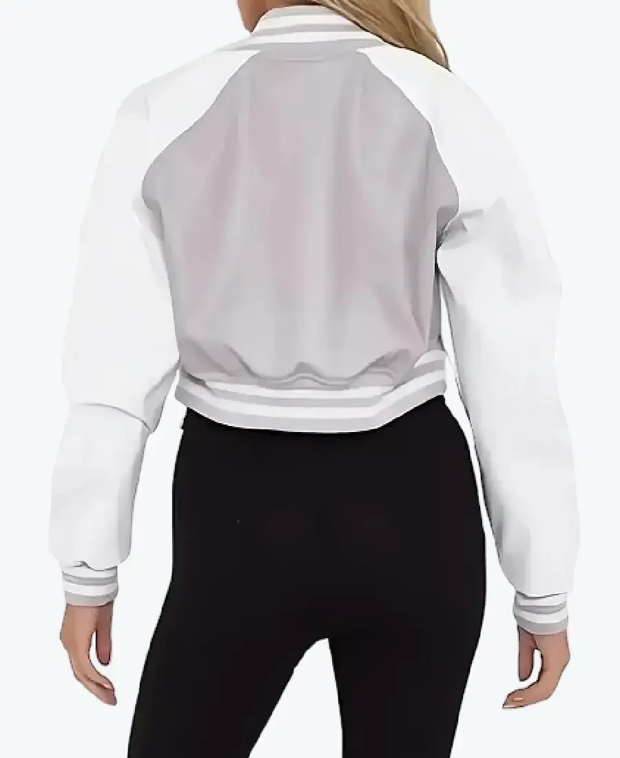 Mary Women’s Grey and White Leather Varsity Jacket Back - Rare Jackets
