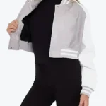 Mary Women’s Grey and White Leather Varsity Jacket Front - Rare Jackets