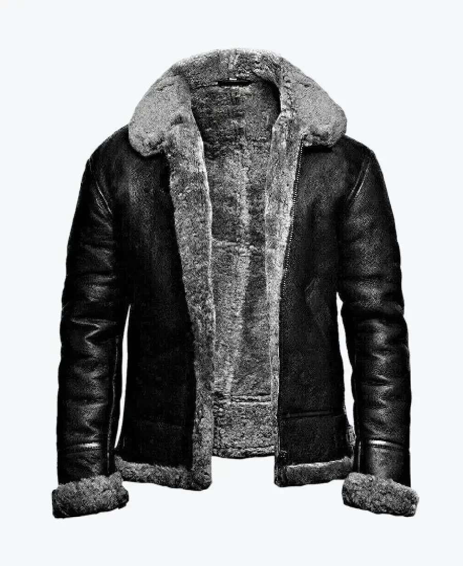 Men Aviator B3 WW2 Winter Shearling Fur Black Leather Flying Jacket