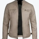 Men Beige Quilted Cafe Racer Leather Jackets z Rare Jacket