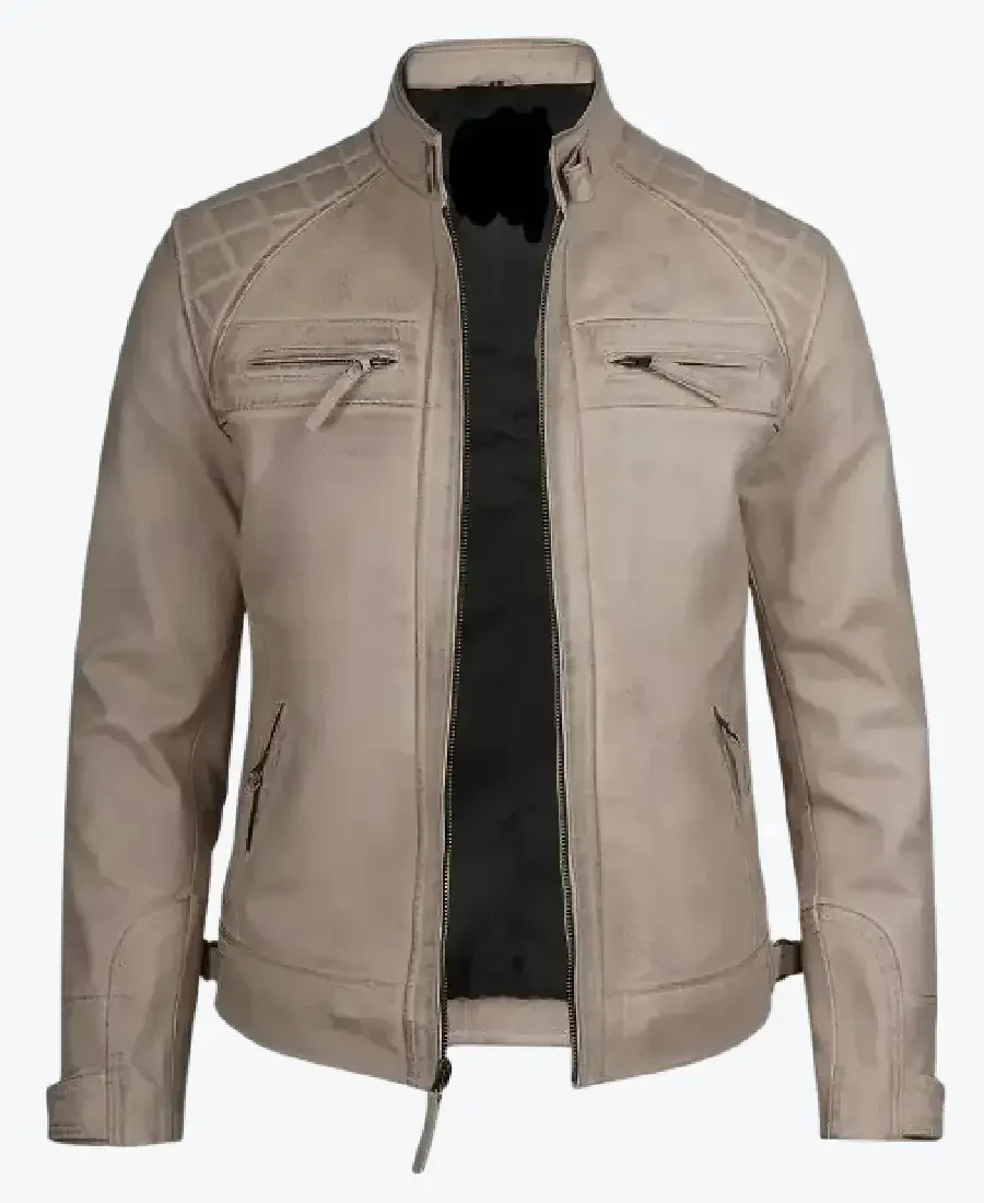 Men Beige Quilted Cafe Racer Leather Jackets z Rare Jacket