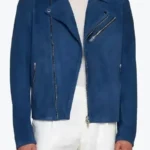Men Blue Suede Leather Biker Jacket