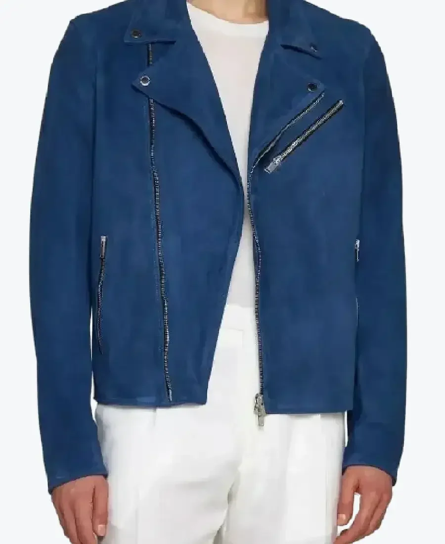 Men Blue Suede Leather Biker Jacket