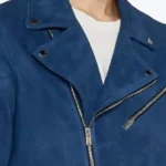 Men Blue Suede Leather Biker Jacket Closeup