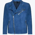 Men Blue Suede Leather Biker Jacket Front