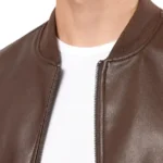 Men Chocolate Brown Leather Bomber Jacket Collar