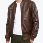 Men Chocolate Brown Leather Bomber Jacket Front