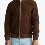 Men Dark Brown Suede Leather Bomber Jacket