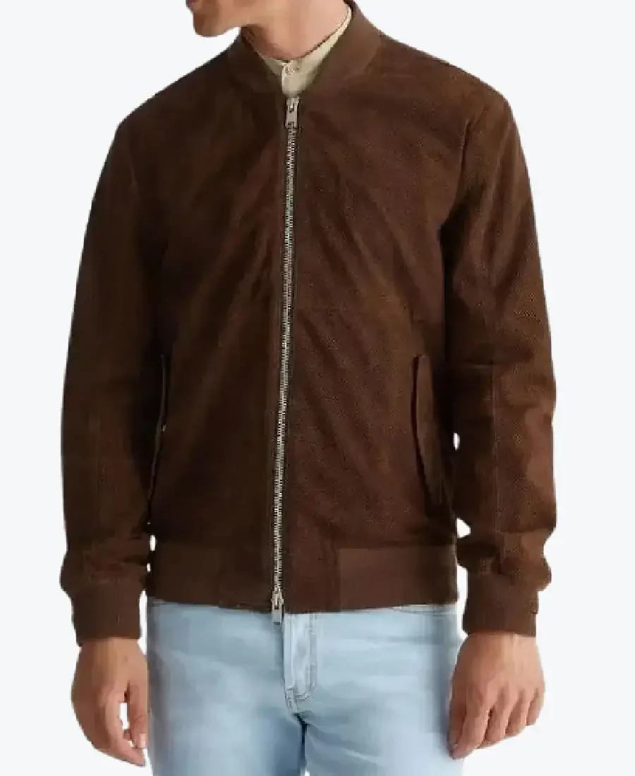 Men Dark Brown Suede Leather Bomber Jacket